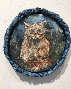 Dasha Bazanova: Blue Cat, 2019, oil paint and glitter on wood, glazed ceramic frame, approx. 13”