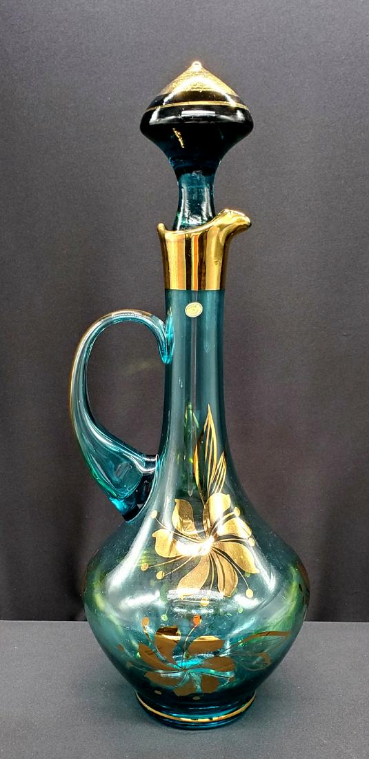 Bohemian Blue Glass Decanter with 22K Gold Trim: Made in Hungry 15 1/2" Tall
