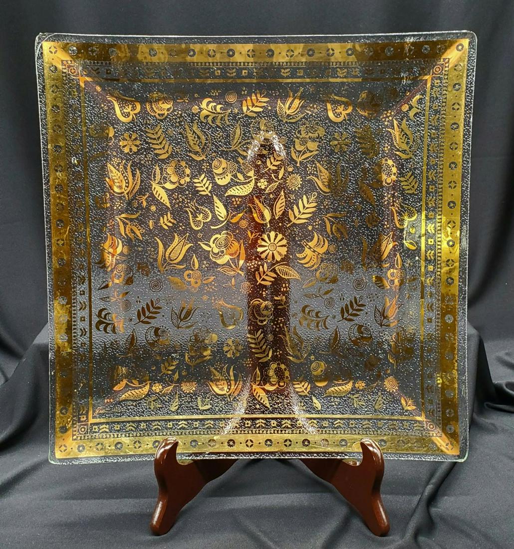 MCM Signed George Briard Gold Leaf Glass Tray: MCM Signed George Briard Gold Leaf Glass Tray size 12" x 12" it has a very small chip on one corner its hard to see it been chipped.