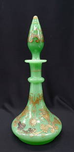 Vintage Jade Green Milk Glass Decanter 22k Gold: Vintage Jade Green Milk Glass Decanter with 22K Gold Trim 9" tall