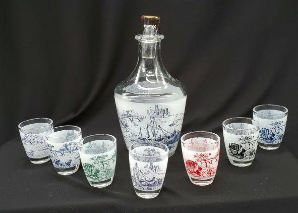 Vintage Cordial Crystral Decanter w/7 Shot Glasses: Vintage Cordial Crystral Decanter with which is 7" tall and comes with 7 Shot Glasses The pattern is Verrerie D'arques France