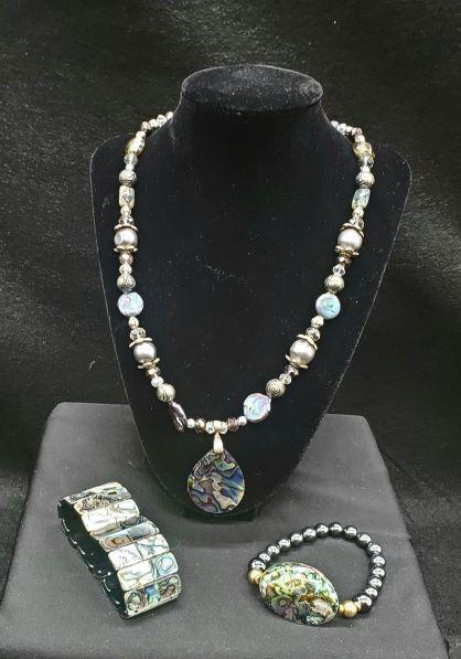 Abalone Estate Jewelry Collection: 2 Abolone Bracelets and Necklace by Lee Sands