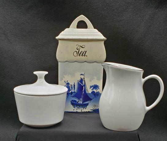 Tea Time Collection: Spice of Life Centura by Corning Creamer and Sugar Bowl set. Plus a Vintage Ceramic Tea Container Made in Germany