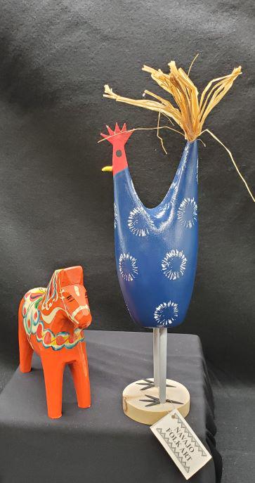 Navajo Folk Art Work Chicken & Horse: Navajo Folk Art are interpretations of everyday objects such as animals and people that the Navajo Artist Fashions from wood, clay. Today we have two pieces which are signed by signed by Jimmy John Sr