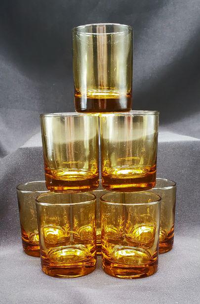 MCM Amber Juice Glasses: Set of 8 Retro Amber Juice Glasses.