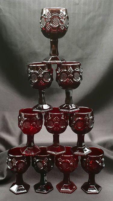 Avon Ruby Red Wine Goblets: Vintage set of 10 Avon Ruby Red 1867 Cape Cod Collectors set. No chips or flaws, great for the Avon Collector. (Set 1)