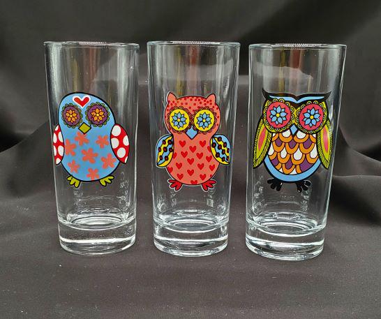 Retro Owl Glasses: Set of 3 Retro Multi-color Owl Glasses