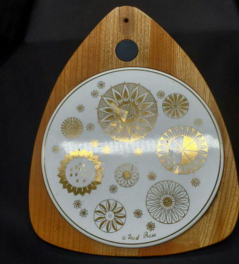 Fred Press Trivet: Vintage Fred Press Trivet with wooden base. 'Signed'