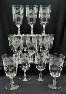 14 Antique Etched Crystral Goblets: 7" Water Goblets in great condition no chips or no cracks