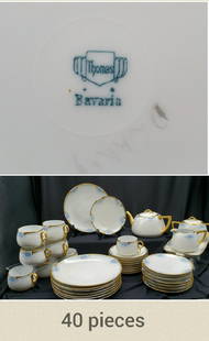 Hutschenreuther Selb Bavaria Art Nouveau Gold Tea Set: Vintage Thomas Bavaria set includes: 9 - 5 1/2" sauces, 9 = cups, 1 - Teapot, creamer and sugar on it own serving tray, 9 - 8 1/2" Lunch plates, 9 - 6" Dessert plates. This set is an antique and if