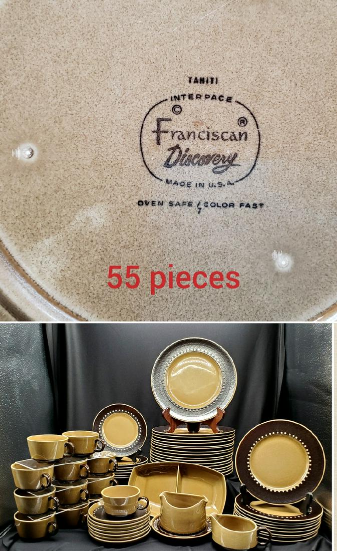 Franciscan Discovery TAHITI Dinnerware 1964-1965: This pattern only ran for 2 years, launched in 1964, it was retired in 1965. The rims are very dark brown matte glaze with subtle quilted texture, and raised dots. The centers and underglaze are gloss