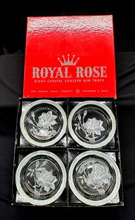 Royal Rose 8 Crystal caster Ashtray - Original Box: The Federal Glass Company from Columbus, Ohio. The etcheing and frost rose on each ashtray is unbelievable. Never been used - NEW! These bring elegance and timelessness to any room. Set of 8 , this