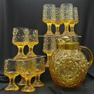 Anchor Hocking Lido Milano Crinkle Glass Pitcher: Vintage 1960's Anchor Hocking Lido Milano Crinkle Glass Water Pitcher - Amber. Large round pitcher with ice guard pouring spout. Excellent condition. The style of the texted Lido pattern which was