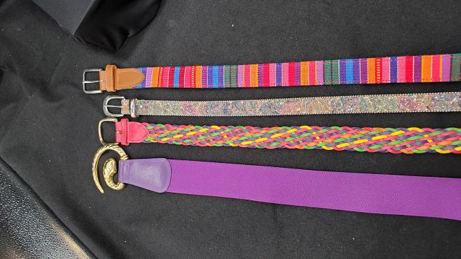Ladies Belts: Collection of 4 Ladies Belts: Vintage Purple stretch belt, Woven Leather, leather and cloth, sparkle. Women's Size 22/24
