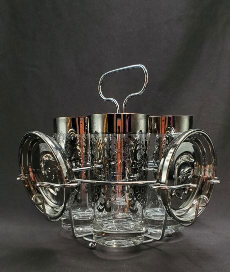 RARE! Signed! MCM Glasses & Coaster Caddy: RARE! Signed! MCM Glasses and coaster set of 4 in a carry caddy