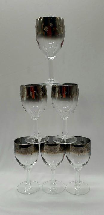 MCM Virtreon Queens Wine Glasses - see details: Featured is a stunning set of 6 Mid Century Wine Glasses. These fine examples of Vitreon Queens Lusterware are about 5.25" tall and 2.25" in diameter at the rim. The feature the classic silver fade or