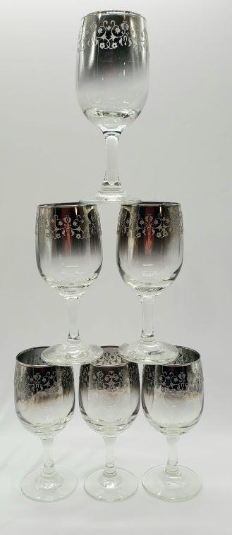 MCM Virtreon Queens Wine Glasses - see details: Featured is a stunning set of 6 Mid Century Wine Glasses. These fine examples of Vitreon Queens Lusterware are about 6.25" tall and 2.25" in diameter at the rim. The feature the classic silver fade or