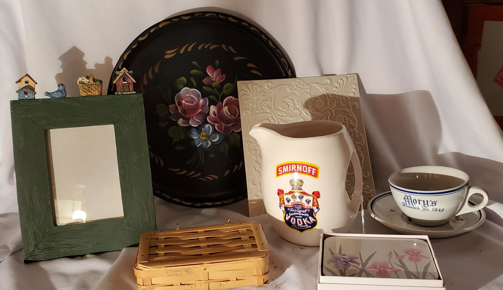 Assortment of Objects: Assortment of metal tray, ceramic tray, coasters,