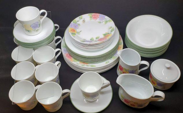 Summer Blush 6 Piece Place Setting Serve for 12: Summer Blush by Corelle - Serve for 12 Description: Corelle, Pink/Yellow/Blue Pansies Discontinued 1995 - 2005.This set includes 12 - 10 1/4 inches Dinner Plate, 12 - 9 inches Luncheon Plate, 12 - 7 1