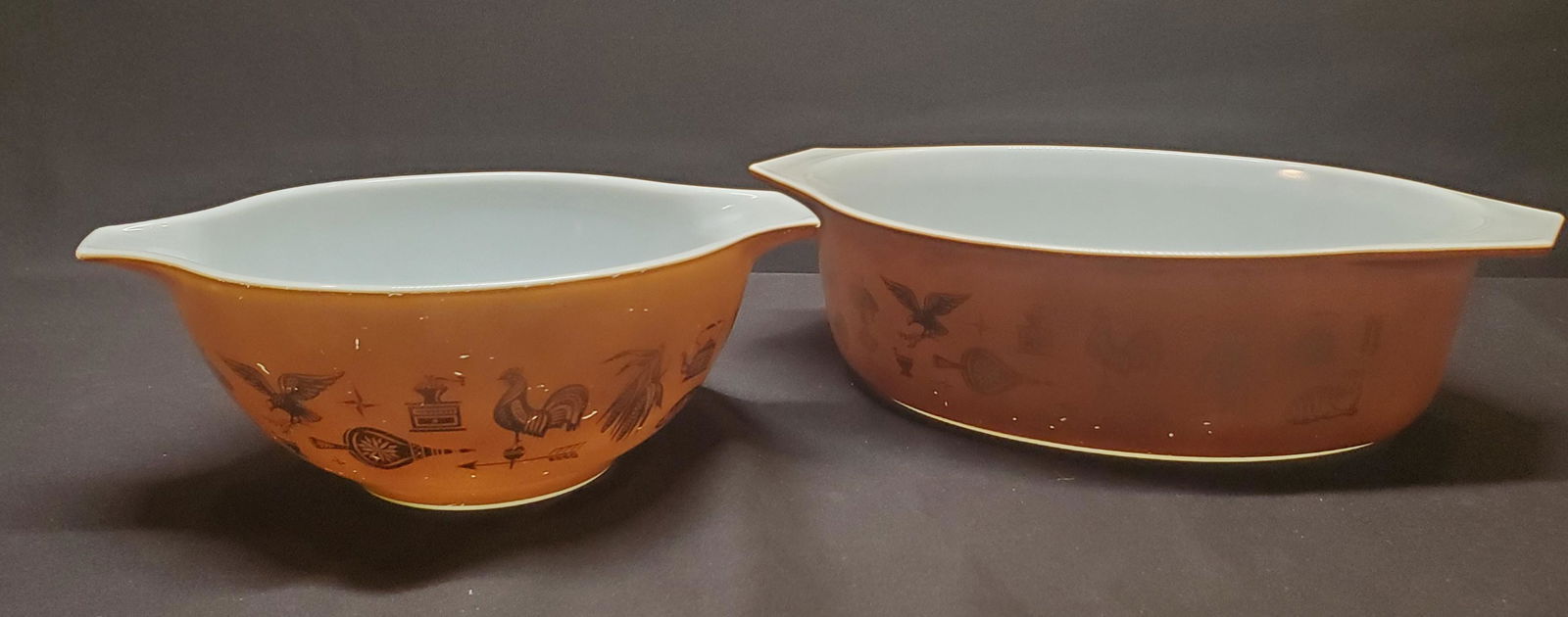 Vintage Pyrex Casserole Dishes, 2: Vintage Pyrex Casserole Dishes, 2, metallic gold prim