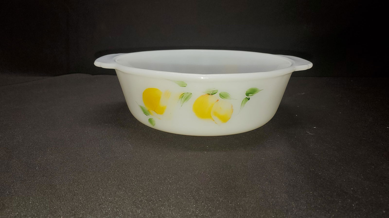 Fire King 1 1/2 Qtrs. Casserole Dish Lemons Pattern: Fire King 1 1/2 Qtrs. Casserole Dish Lemons Pattern
