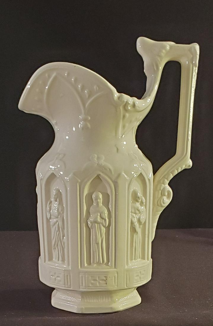 Creamware Pitcher: Creamware Religious Theme Pitcher.