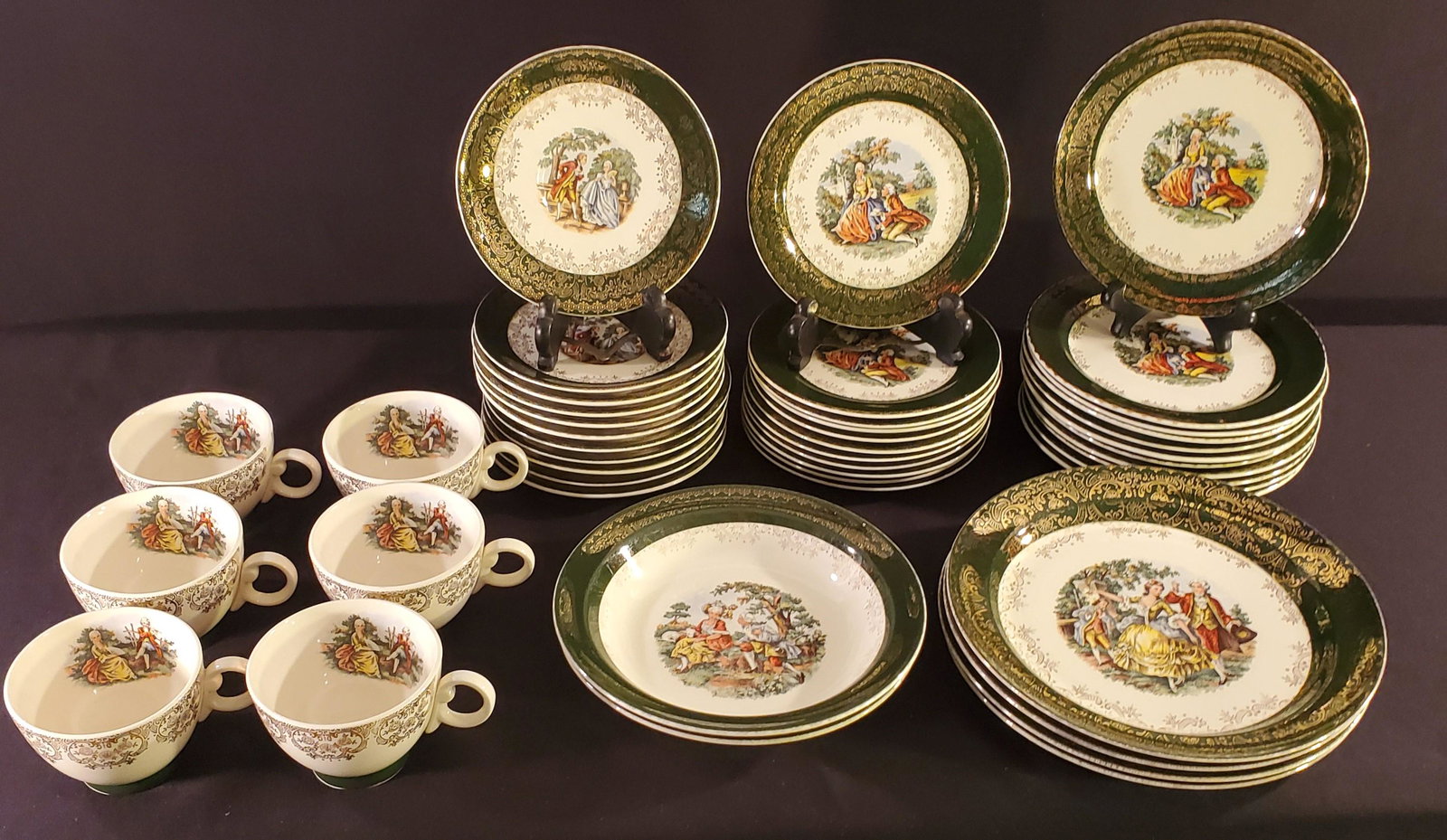 Taylor-Smith-Taylor USA: Eleven 6 1/4 inches Bread and Butter Plates, eleven 7 1/4 inches side/bread plates, four 9 inch coupe soup, eleven saucers, six footed tea cups, two 7 1/2 inches cereal bowls