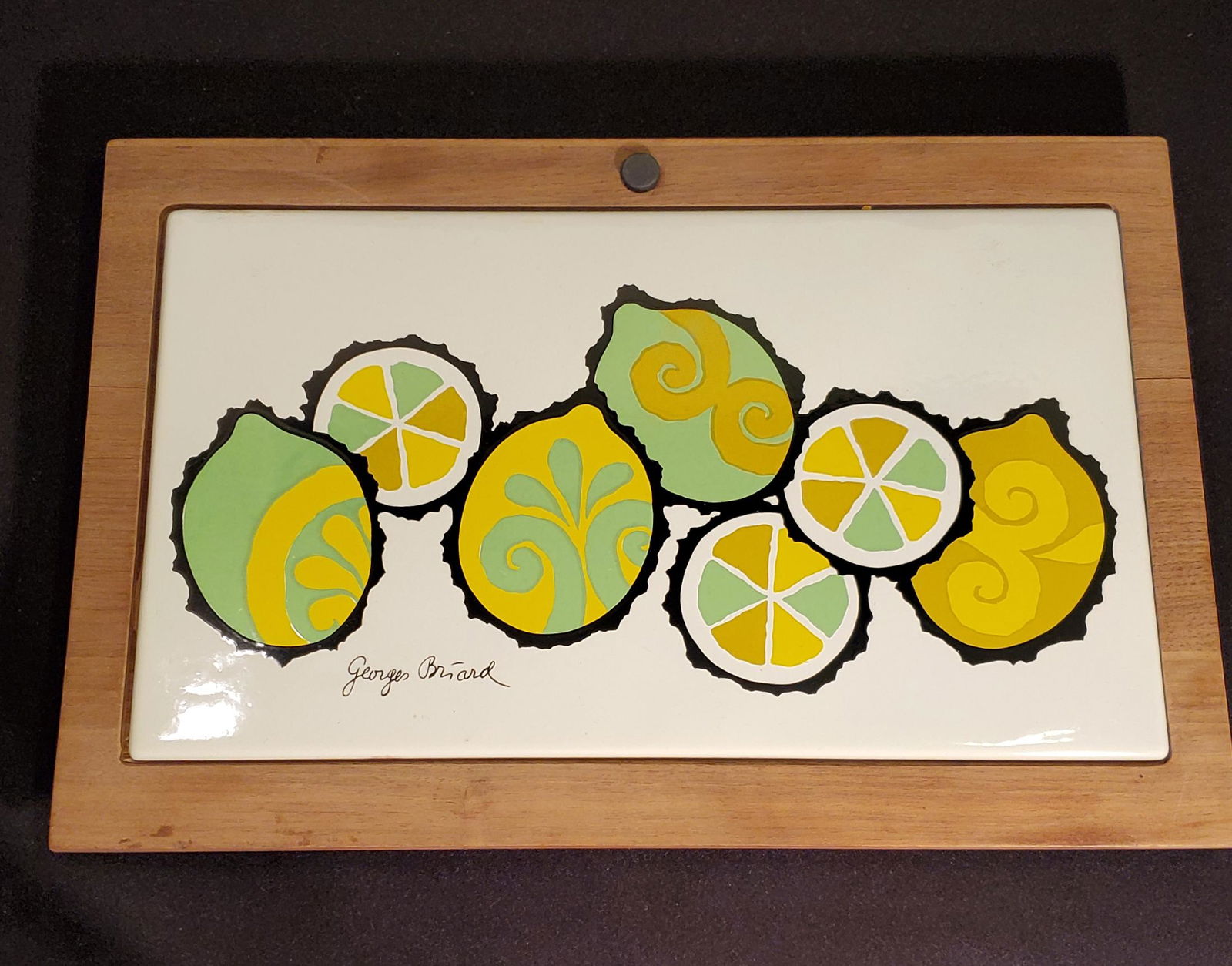 Vintage Georges Briard Cutting board: Vantage Mid Century Georges Briard Cutting Board, great for accents and cutting lemons/limes in style, 13.5inch by 9inch total, 7inch by 12inch tile surface