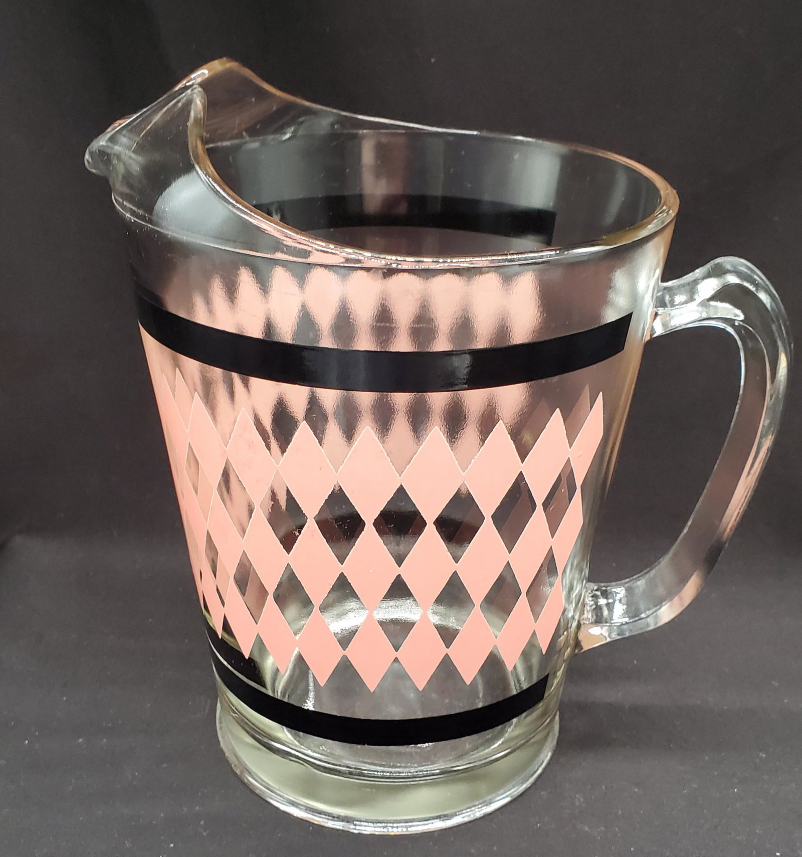 Vintage MCM Pitcher: Vintage MCM Pink and Black Pitcher with Ice Lip, small crack near lip