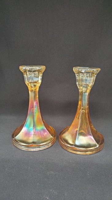 Vintage Marigold glass candle stick holders: Pair of vintage Marigold Carnival Glass Candle stick holders, 6.5inches tall