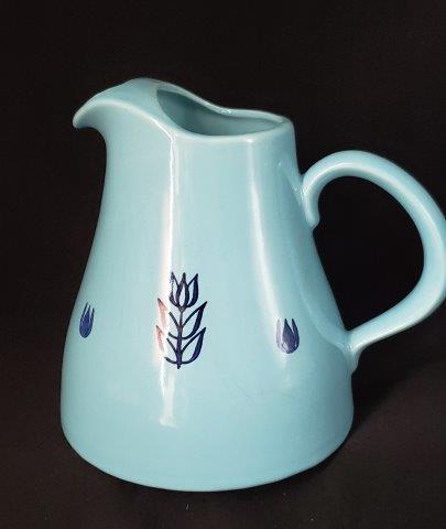 Cameron Clay Turquoise Tulip Collection Lot 3: Vintage 1930s Cameron Clay product bake oven USA turquoise tulip Stoneware Pitcher with ice lip entirely hand painted. 8" tall, 6" wide (at base) and 4" wide (mouth).