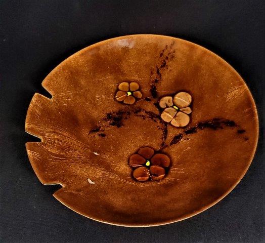 Vintage Mid Century Metal Ashtray: Vintage mid century metal ashtray in copper color with for design. 7 inches across about 1 inch high. Previous owner added three protective felt pads to the bottom.