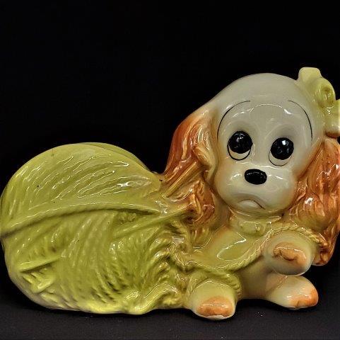 Vintage ceramic Puppy: Vintage adorable Mid Century Modern puppy with yard Planter, 8inches long, 6inches tall