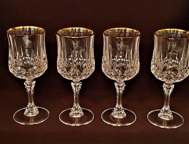 Vintage Longchamp Gold Cristal d'Arques: Set of 4 Vintage crystal wine glasses with gold rim, made in France