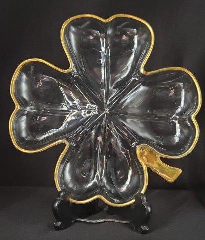 Vintage Four Leaf Clover Glass Serving Dish: Vintage Four Leaf Clover Glass Serving Dish, Mid-Century Modern, 22 Karat Gold Trim