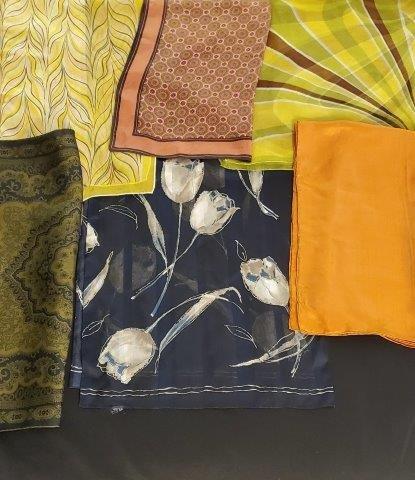 Collection of 6 Dark Earth Tone Ladies Scarves: Beautiful collection featuring unique colors and Earth tones, in various fabrics fabrics, sizes and designers, Featuring Fine Italian Fabrics. Vintage Vera Designs, Hand Rolled rayon