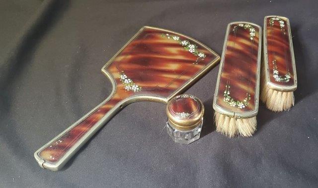 Vintage Vanity Set: Nostalgic Vintage ladies vanity set that includes hand mirror, 2 brushes and small jar. Floral detailing is hand painted