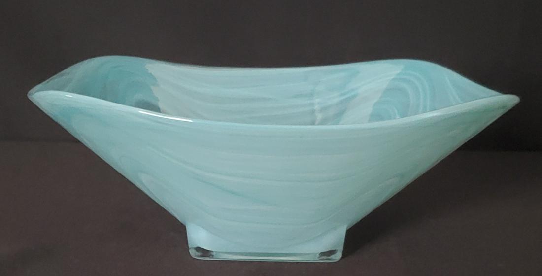 Footed Turquoise Alabaster Glass Bowl: 8.75" x 8.75" and is 3" tall; Square footed turquoise alabaster glass bowl is beautiful but elegant. The style and color go perfect with a beach theme party. The size is perfect to used everyday.