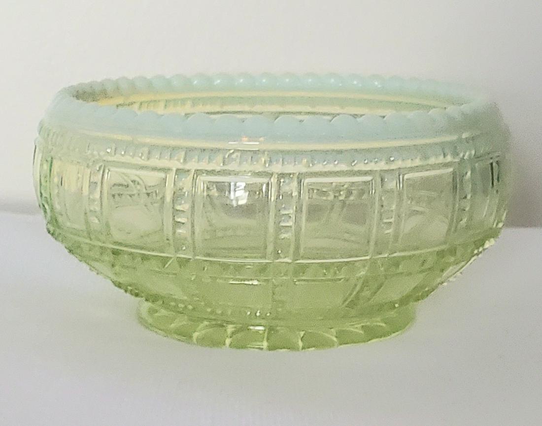 Vintage Uranium Glass Candy Bowl: 3" tall with 4.5" opening and 3" base candy dish. Milky top with marbled layer down. Looks great under the black light.