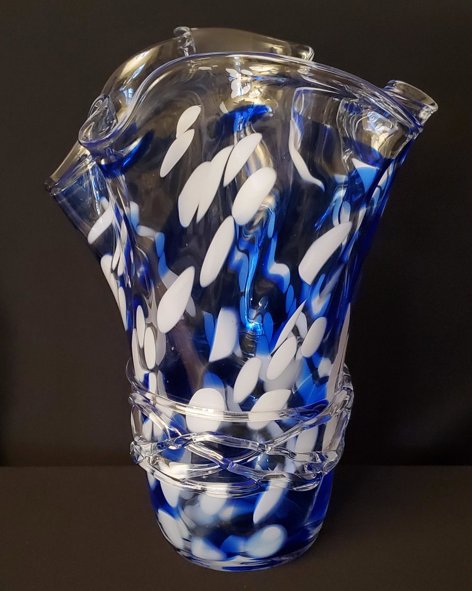 Majestic Hand Blown Blue & White Glass Vase: Absolutely stunning and Majestic hand blown blue and white to clear glass vase. This is one of the BIGGEST and most stunning handkerchief/ruffled edge glass vase that I have seen in a long time. It al