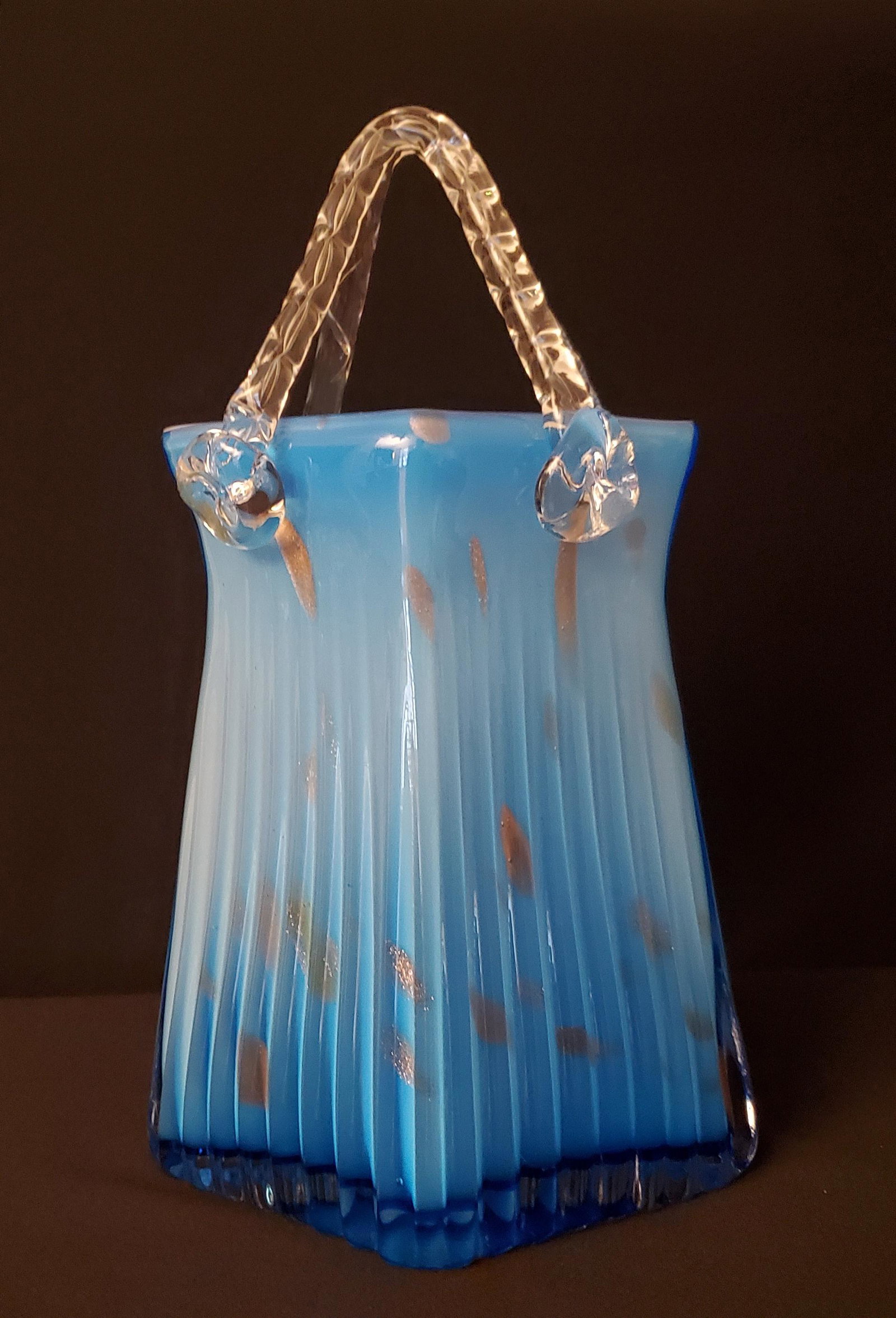 Murano Art Blue & Silver Glass Purse: Murano Art Glass Blue and Silver Glass Purse with Rosetted Handle. What a outstandingly lovely piece this isâ€¦simply stunning! 10.5" tall with a 6" base and In perfect condition. Flawless as all 
