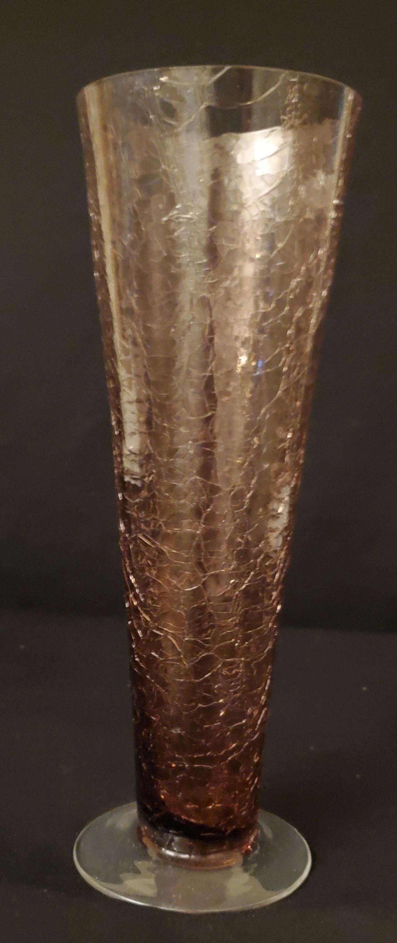 Purple Cracked Vase: This vase is 11" tall with an opening of 3.5" and a clear glass base of 3.5"