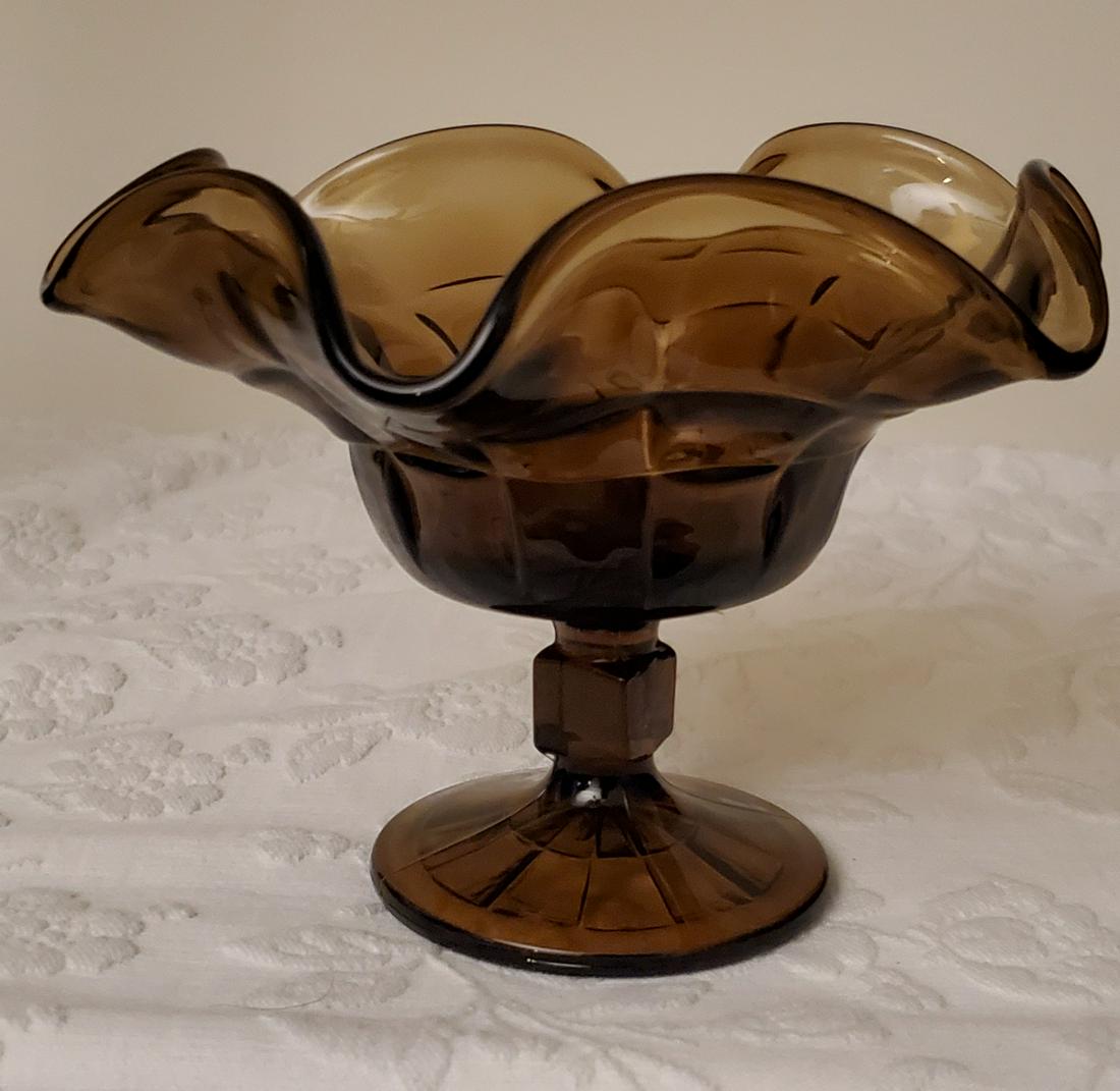 Ruffled Edge Pedestal Glass Candy Dish: Brown/Amber in Color with Ruffled Edge Pedestal Glass Candy Dish
