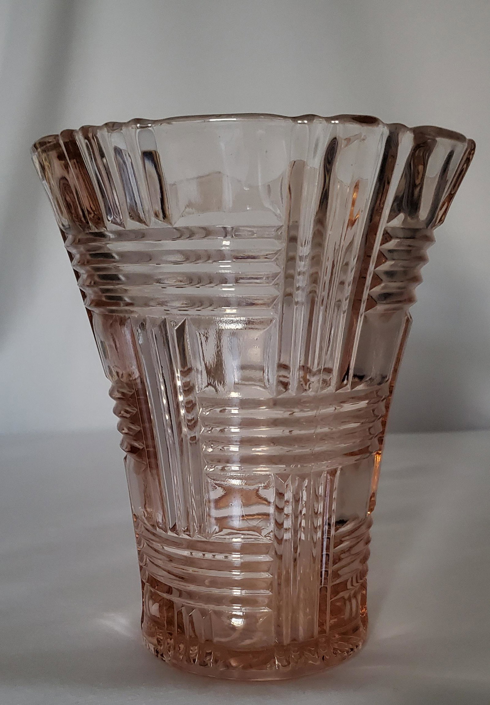 Hazel Atlas Pink Basketweave Depression Cut: Hazel Atlas Pink Basketweave Depression Cut Glass Vase 7" tall with an opening of 5" and a 3" base