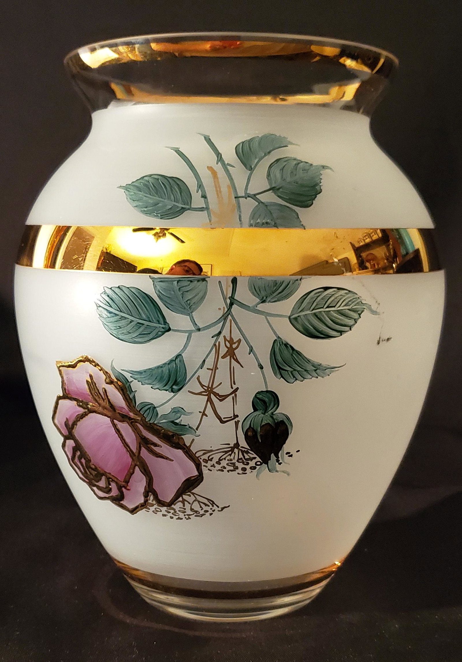 Frosted Glass w/Hand Painted Rose Vase: Vintage Czech Republic Glassworks Frosted with Hand Painted Rose with Gold Trim8.5" tall and 5" opening and 4" base