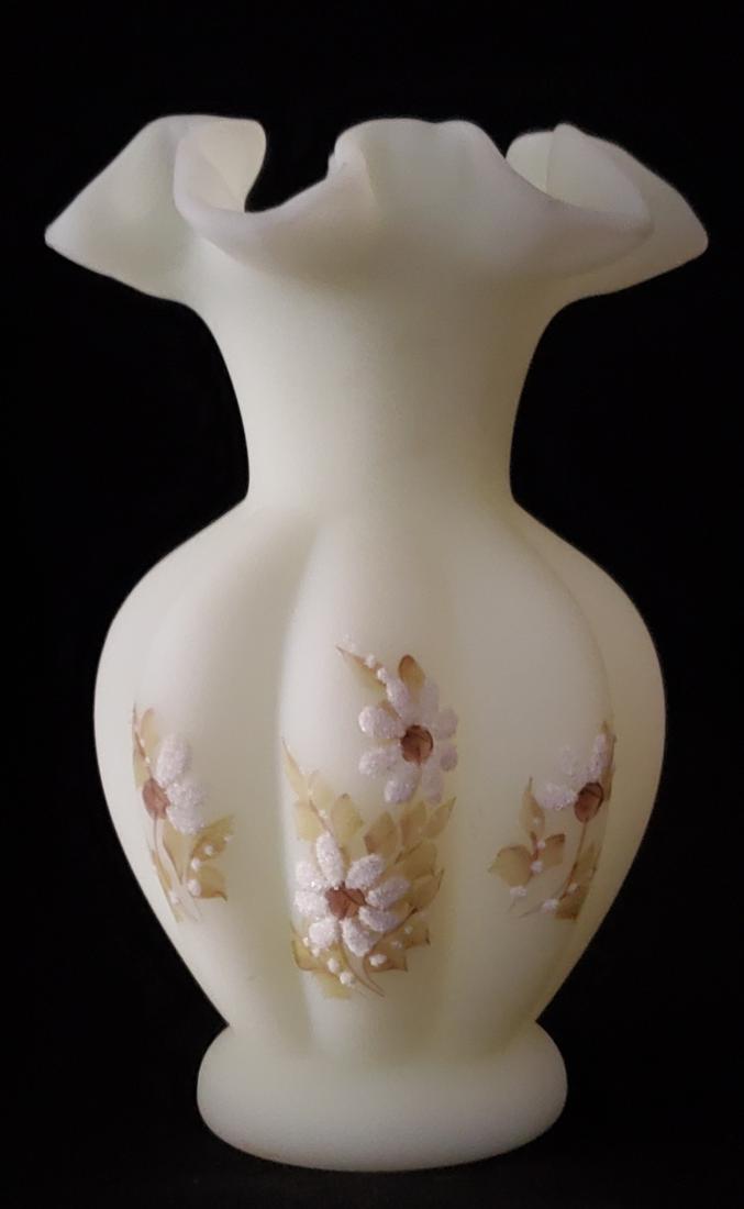 Fenton Satin Hand Painted Vase and Signed: Vintage Fenton Yellow Custard Satin Glass Hand Painted and Signed by Lisa W., Vase; 6" Fenton Satin Vase has a ruffled rim. Larger bouquets are on 2 sides with smaller bouquets on the other segments.