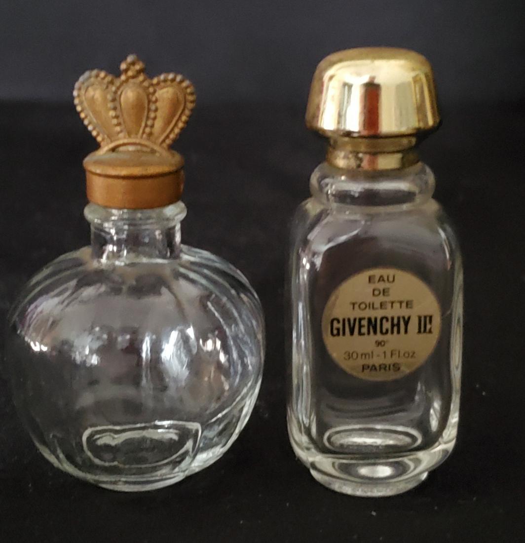 Two Vintage Perfume Glass Bottles: Eau De Toilette Givenchy III from Paris and Crown Top Bottle both 4" tall