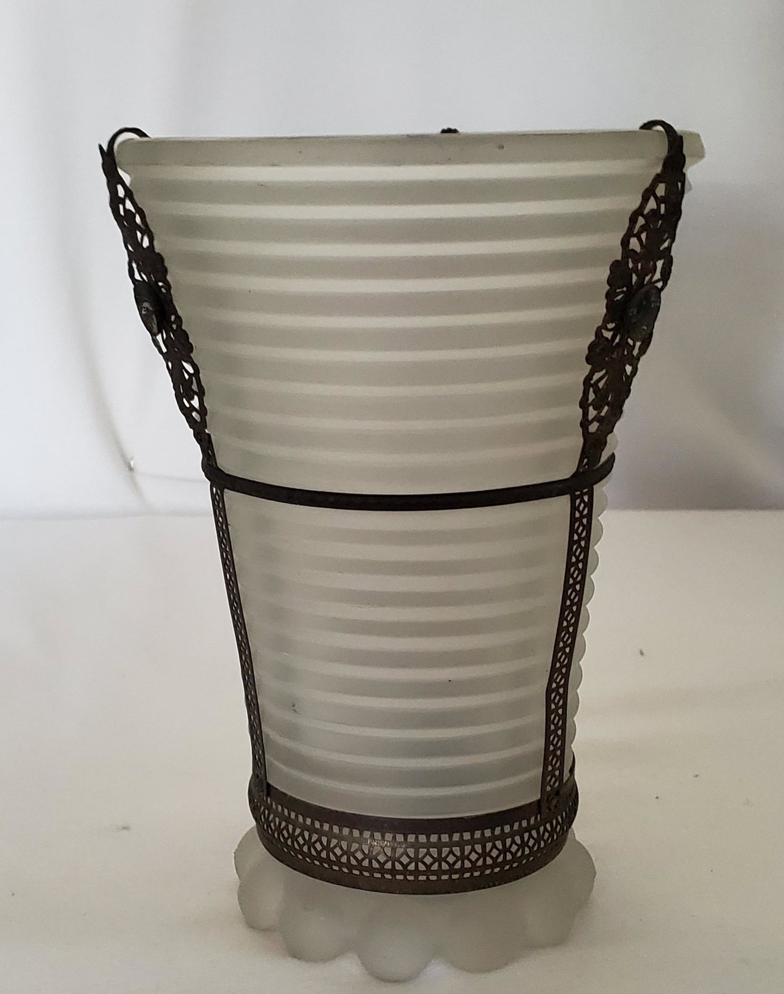 Vintage Frosted Glass Vase w/Metal Decoration: 8" tall and Flared opening