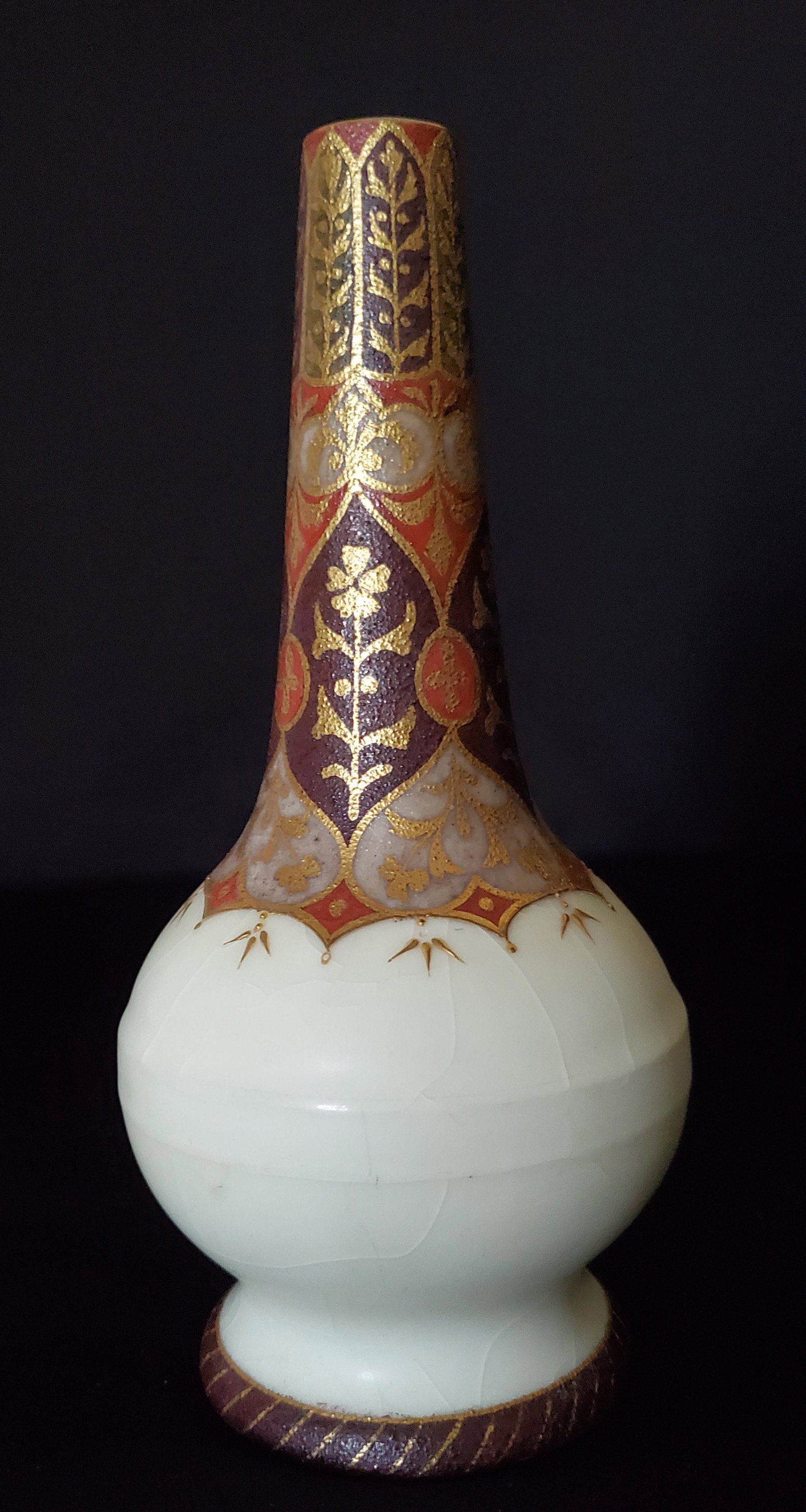 Mughal Hand Painted Porcelain Bud Vase: RARE! Middle Easter/Mughal Hand painted in Gold , Red, dark maroom it also has crackled porcelain bud vase 8" tall Hand Painted in 22KT Gold