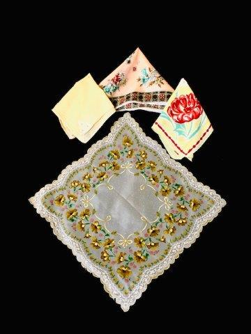 4 Ladies Vintage Handkerchief Grouping: Donâ€™t miss these 4 gorgeous vintage ladies handkerchief. Various materials and sizes including: vintgae lace 14x14 inch, cotton yellow and red 12x12 inch floral pattern small hole in one corner